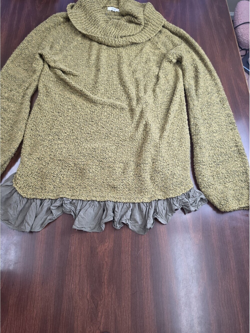 Easel Yellow Green Cowl Neck Ruffle Hem Knit Sweater M/L Boho Chic Cottagecore